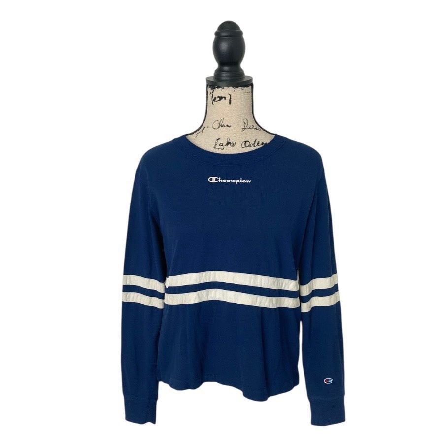 Champion Champion Navy Blue Striped Long Sleeve Athletic Top | Size M Size M / US 6-8 / IT 42-44 - 1 Thumbnail