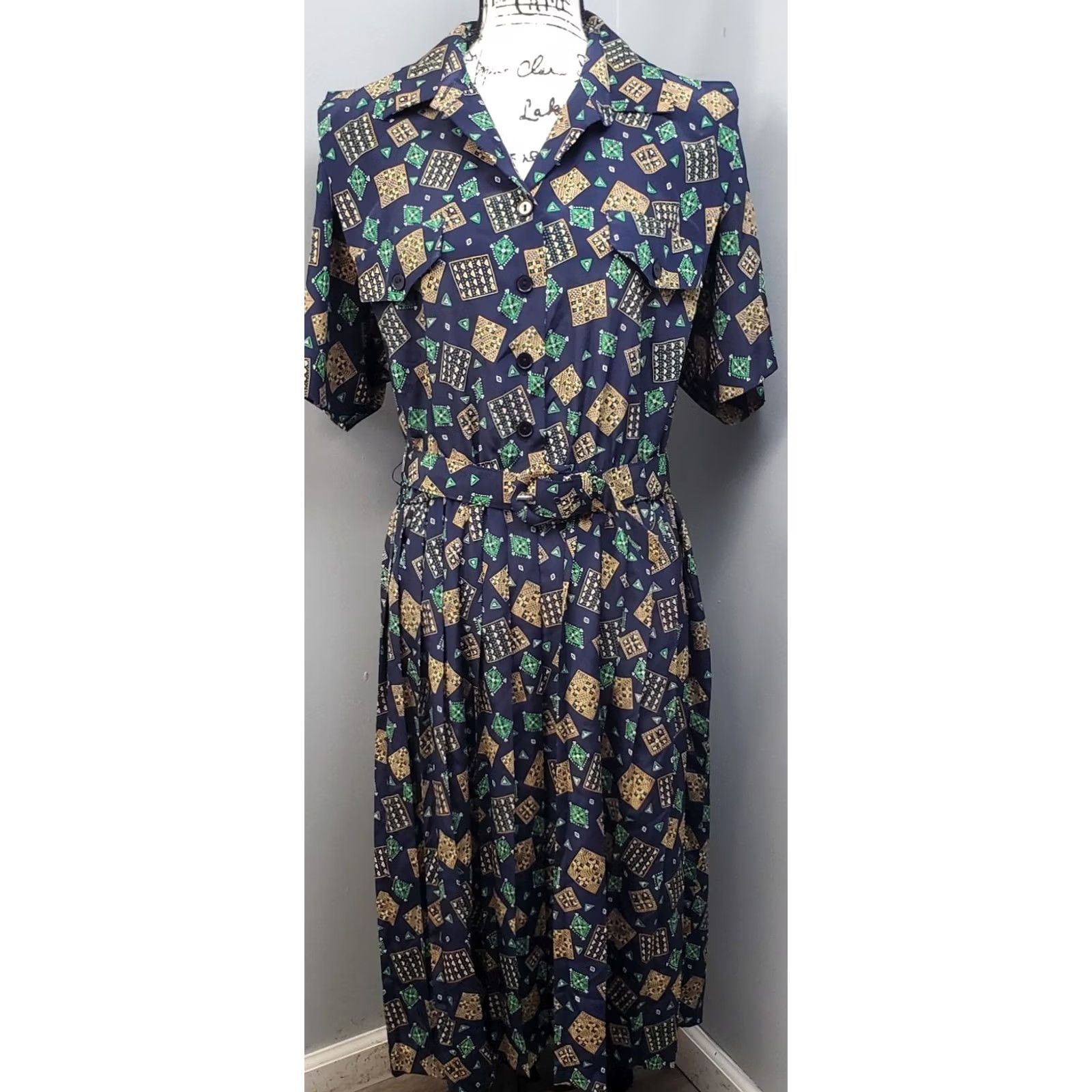 Vintage Leslie Fay Peggy Swing Dress Womens 18P Multi Geo Print Pleated Belted Waist Dress Size XXL / US 16-18 / IT 52-54 - 2 Thumbnail