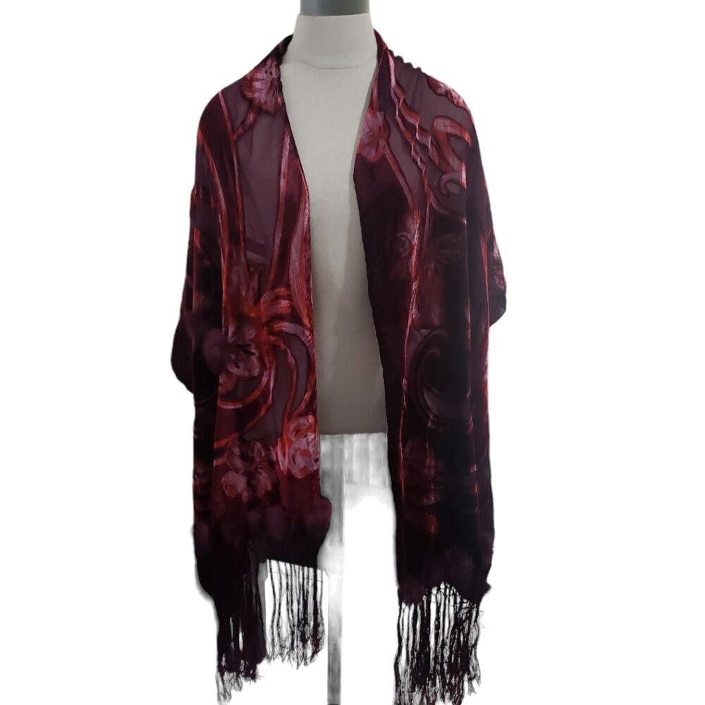 Designer CT1770 Red & Burgundy Wrap Fringed with Pom Poms Size ONE SIZE - 1 Thumbnail