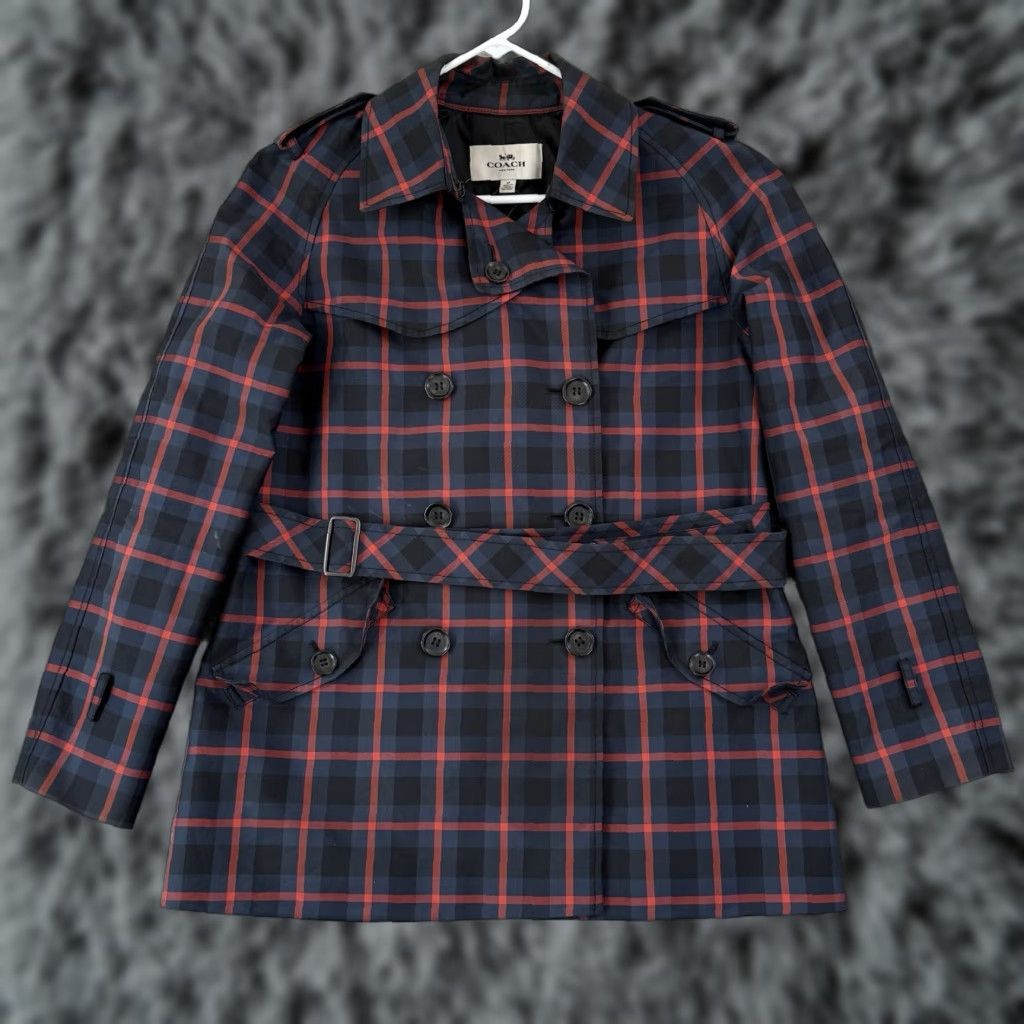Coach VINTAGE Coach Trench Coat Women’s Medium Plaid Short Double Breasted Tattersall Belted Size 32" / US 10 / IT 46 - 1 Thumbnail