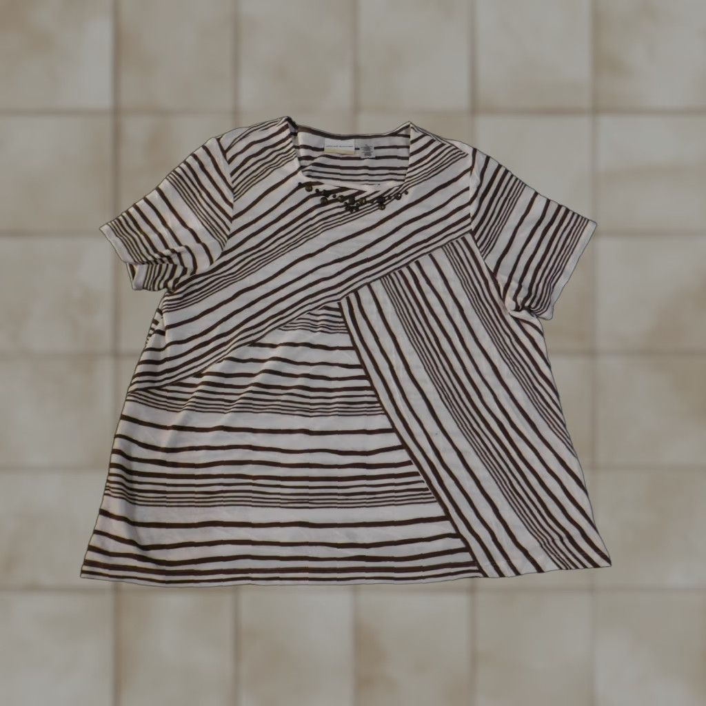 Vintage Alfred Dunner Shirt Womens 1X Beaded Neckline Short Sleeve Striped Brown White Jersey Knit - Scoop Neck Size XL / US 12-14 / IT 48-50 - 1 Thumbnail