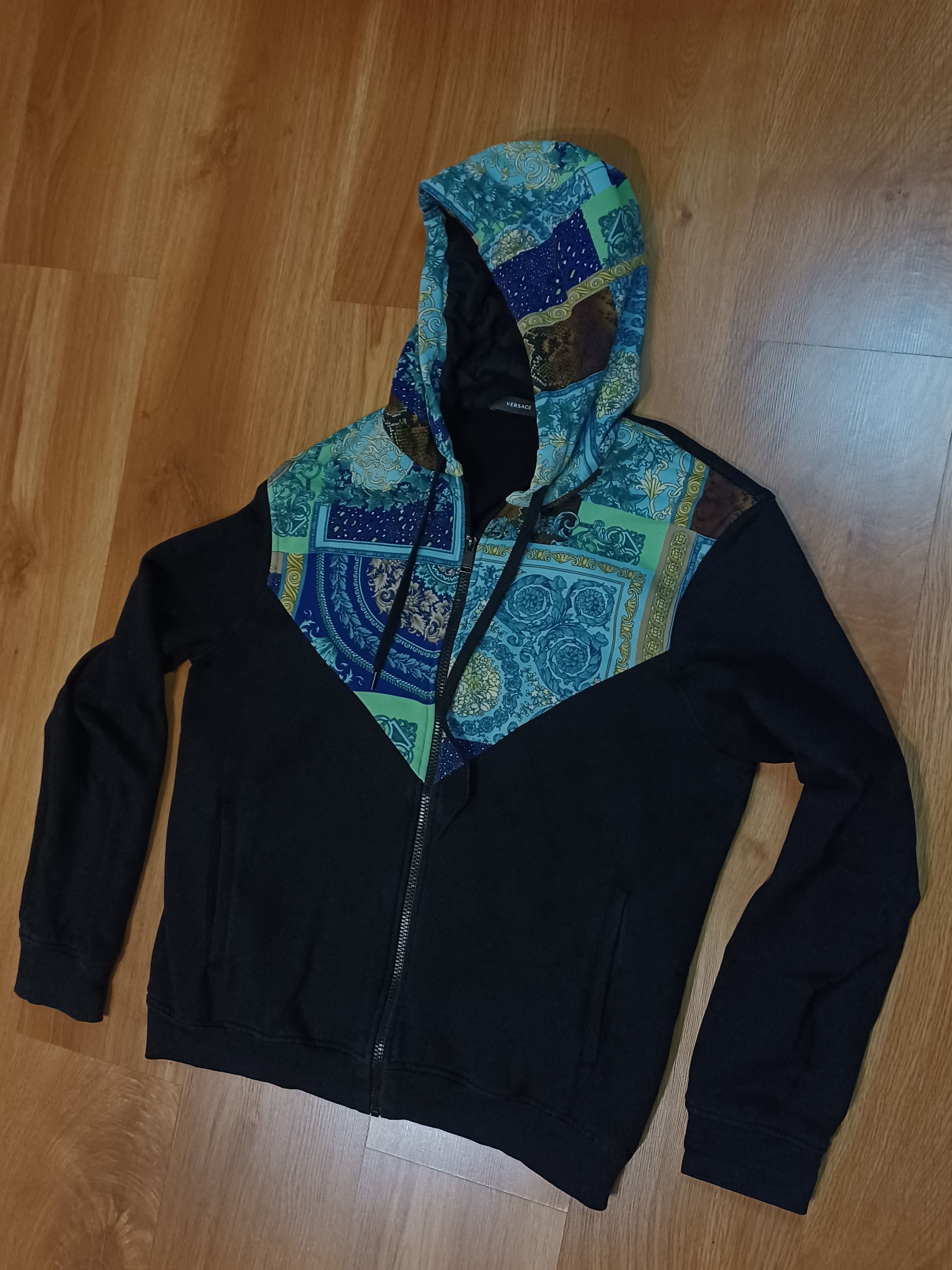 image of Versace Mainline Baroque Tile Print Black Zip Hoodie, Men's (Size XL)