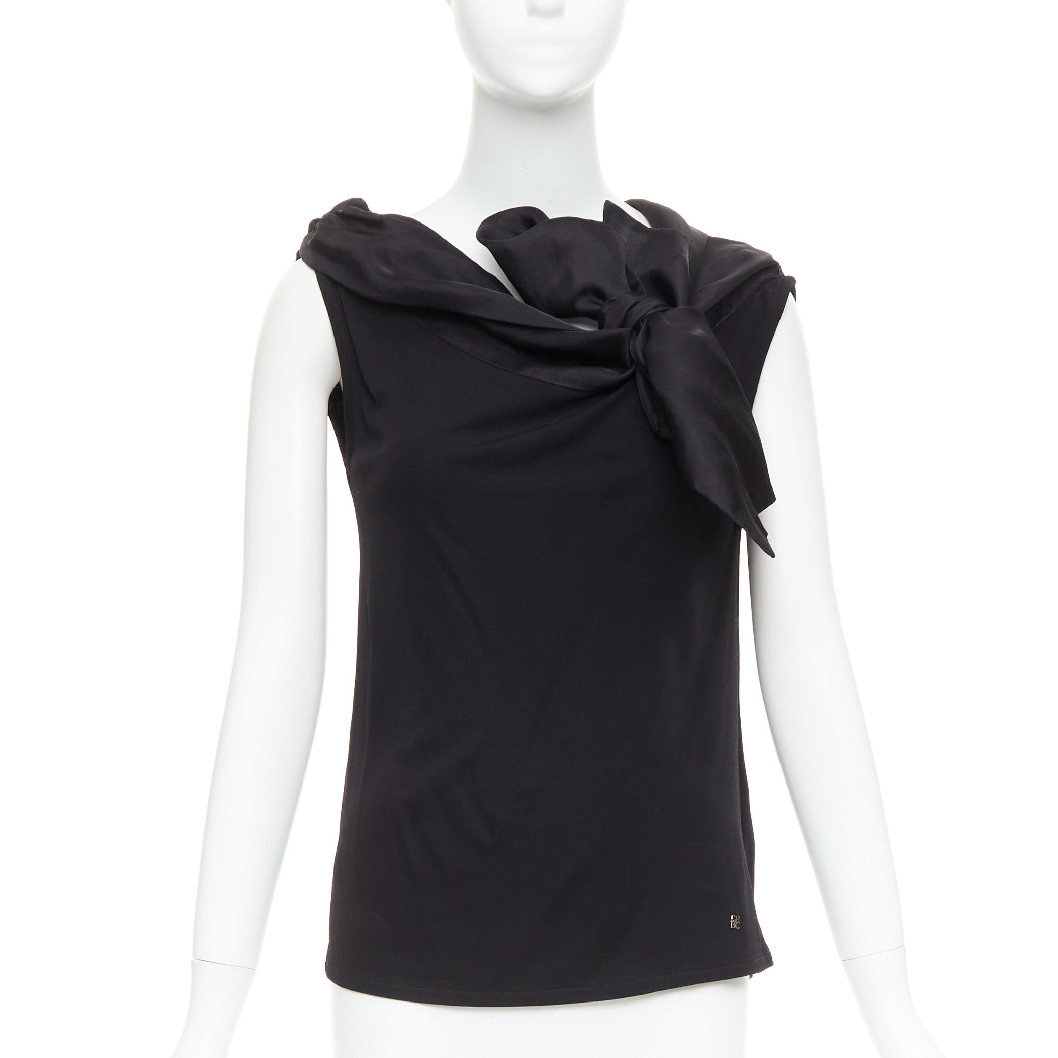 Carolina Herrera CAROLINA HERRERA black viscose silk bow asymmetric vest top S Size S / US 4 / IT 40 - 1 Thumbnail