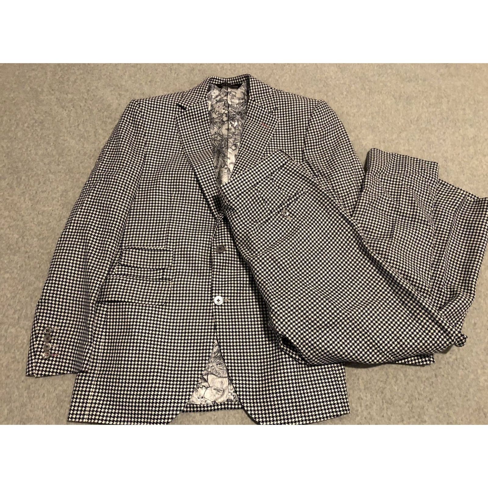 Vintage Coppley Mens Suit 40R Jacket Blazer 32x27 Pants Houndstooth Wool/Cotton Blue 2 Button Mens Size 40R - 2 Thumbnail