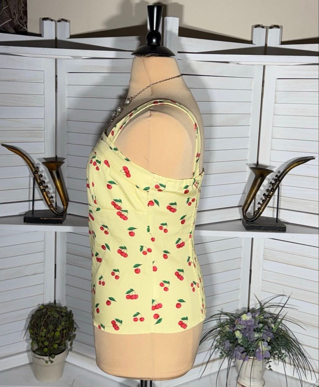 Vintage Y2K yellow halter top cherry print pattern elastic back 2X Size XXL / US 16-18 / IT 52-54 - 3 Thumbnail