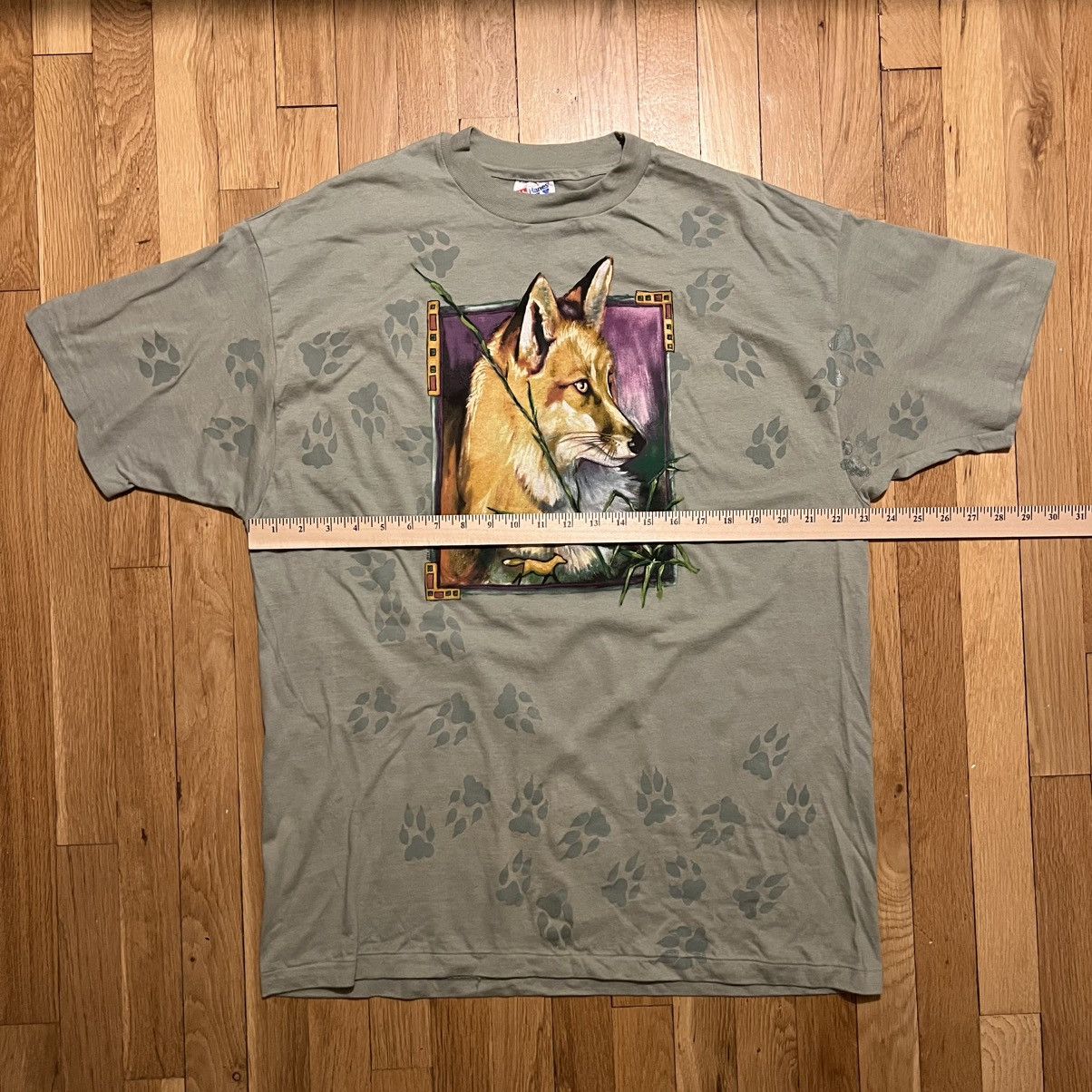 Hanes Vintage 1993 Fox AOP Paws On Location Green XL T Shirt Size US L / EU 52-54 / 3 - 7 Thumbnail