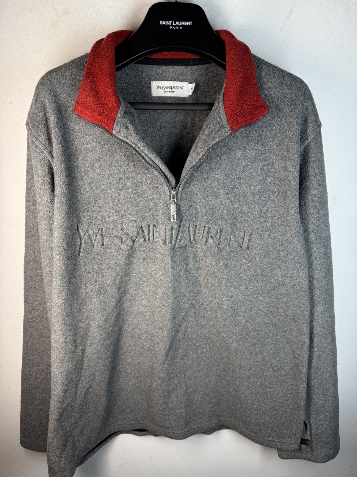 Yves Saint Laurent Fleece YSL Sweatshirt 1/4 Quarter Zip Big Logo Grey Vintage Size US M / EU 48-50 / 2 - 15 Thumbnail