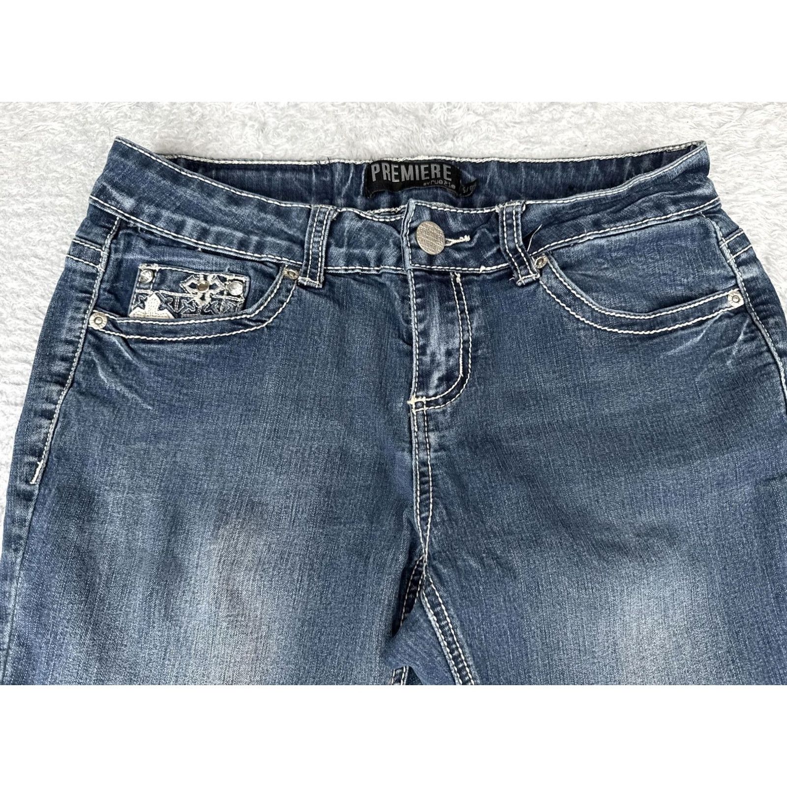 Vintage Premiere by rue21 Bootcut Jeans Juniors 5/6R Blue Low Rise Embroidered Lace Pocket 26x31 Womens Mens Girls Size 27" / US 4 / IT 40 - 4 Thumbnail