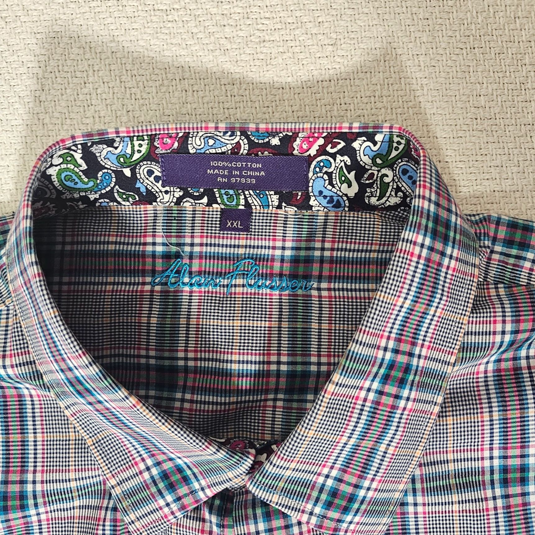 Vintage NWT Alan Flusser Shirt Button Down Long Sleeve Plaid Purple Cotton XL Flip Cuff Mens Size US XL / EU 56 / 4 - 2 Thumbnail