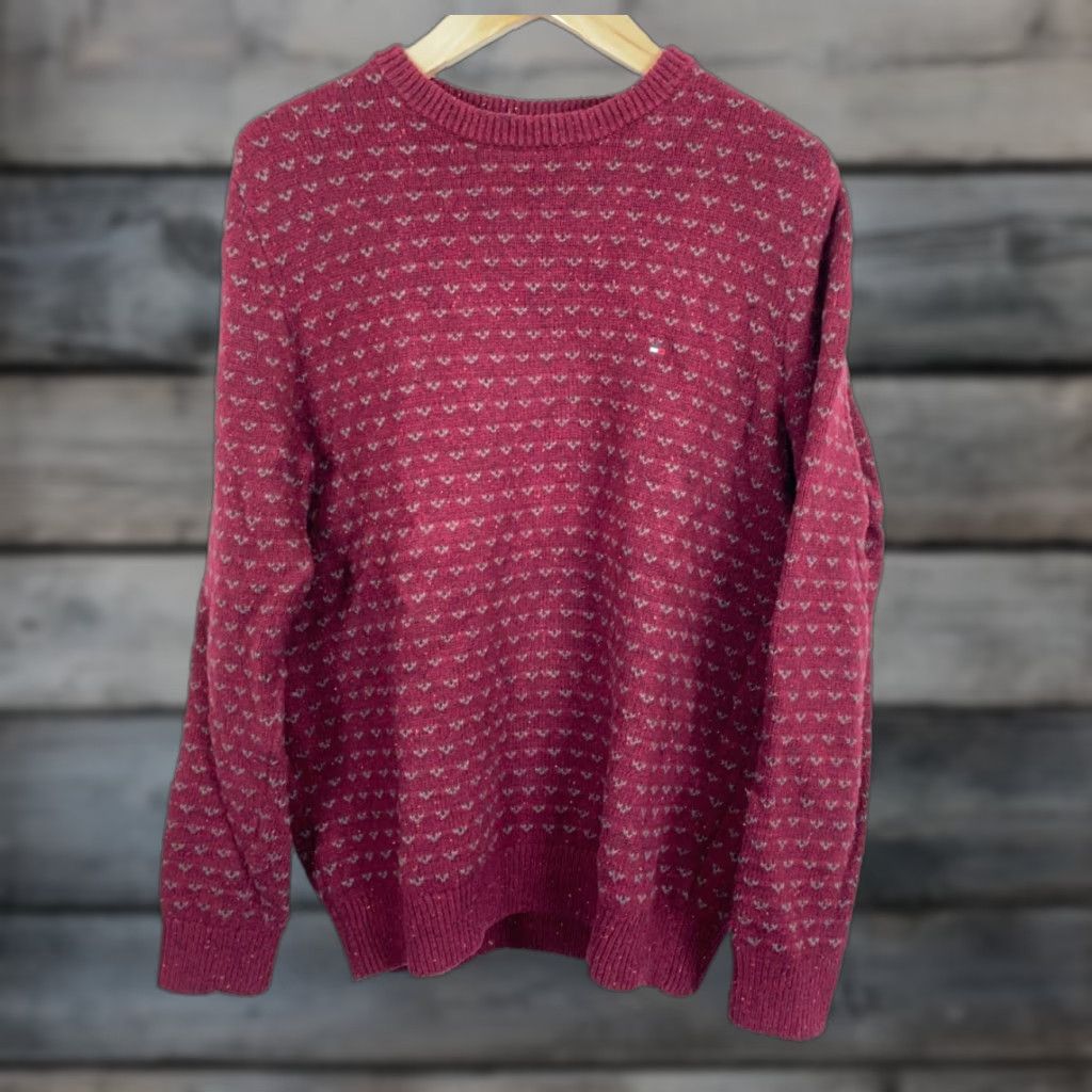 Tommy Hilfiger VINTAGE Tommy Hilfiger Sweater Men's Large Dark Red Birdseye Pattern Wool Blend Chunky Knit Crewneck Size US L / EU 52-54 / 3 - 1 Thumbnail