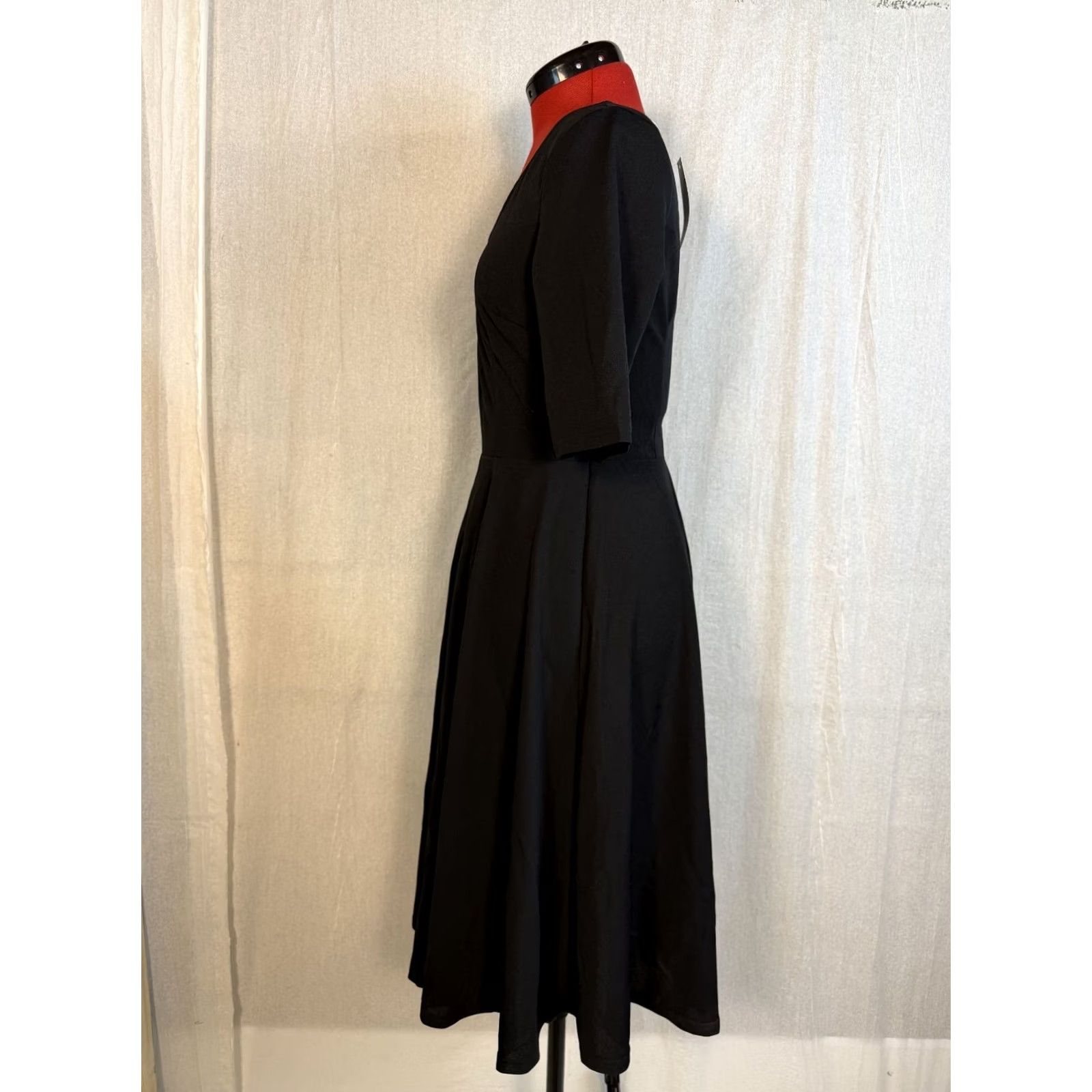 Black Halo ELESOL Women's Midi Dress Black Medium Half Sleeve Stretch Flare NWT F423 Size M / US 6-8 / IT 42-44 - 3 Thumbnail