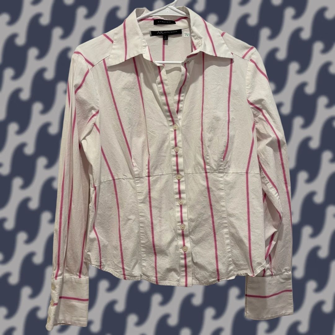 Anne Klein AK Anne Klein Womens White Pink Striped Button Down Shirt Size 10 Size L / US 10 / IT 46 - 1 Thumbnail