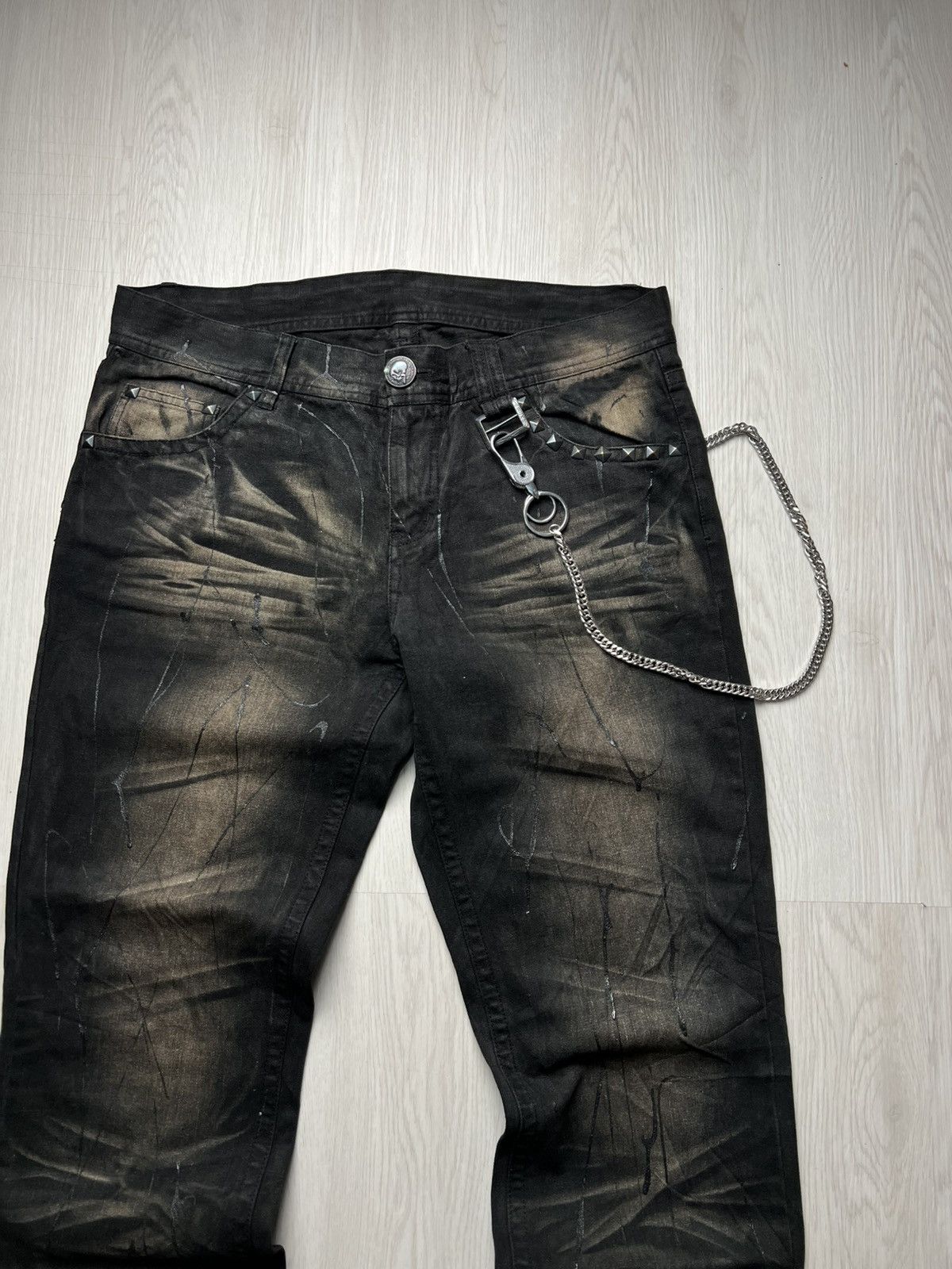 If Six Was Nine XFRM Paint Splatter Studded Mudmax Flared Jeans Size US 33 - 3 Thumbnail