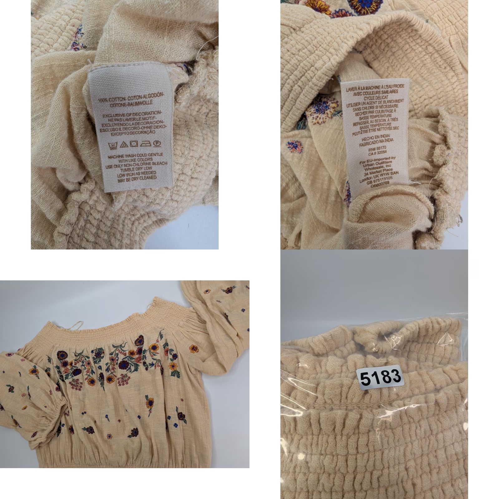 Free People Free People Saachi Embroidered Smocked Off Shoulder Boho Crop Top Womens Large Beige Floral Size L / US 10 / IT 46 - 8 Thumbnail