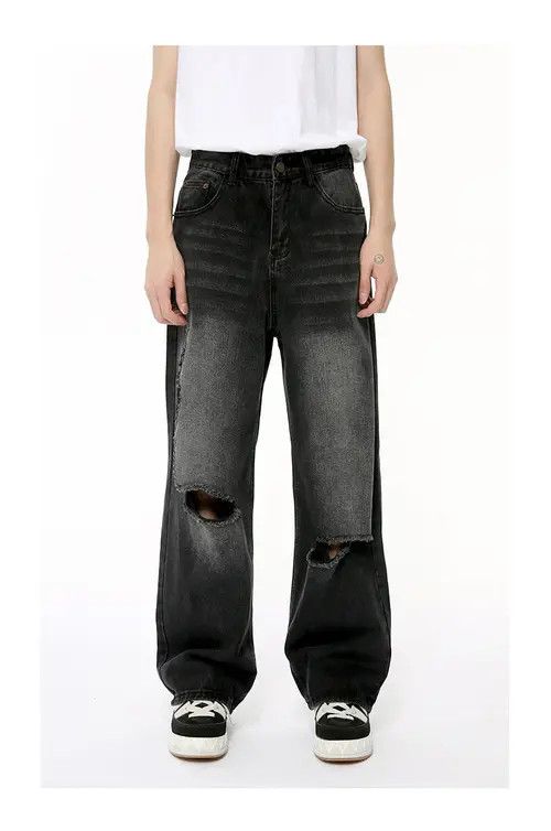 Other Street Fashion Washed Straight-Leg Ripped Jeans Size US 32 / EU 48 - 2 Thumbnail