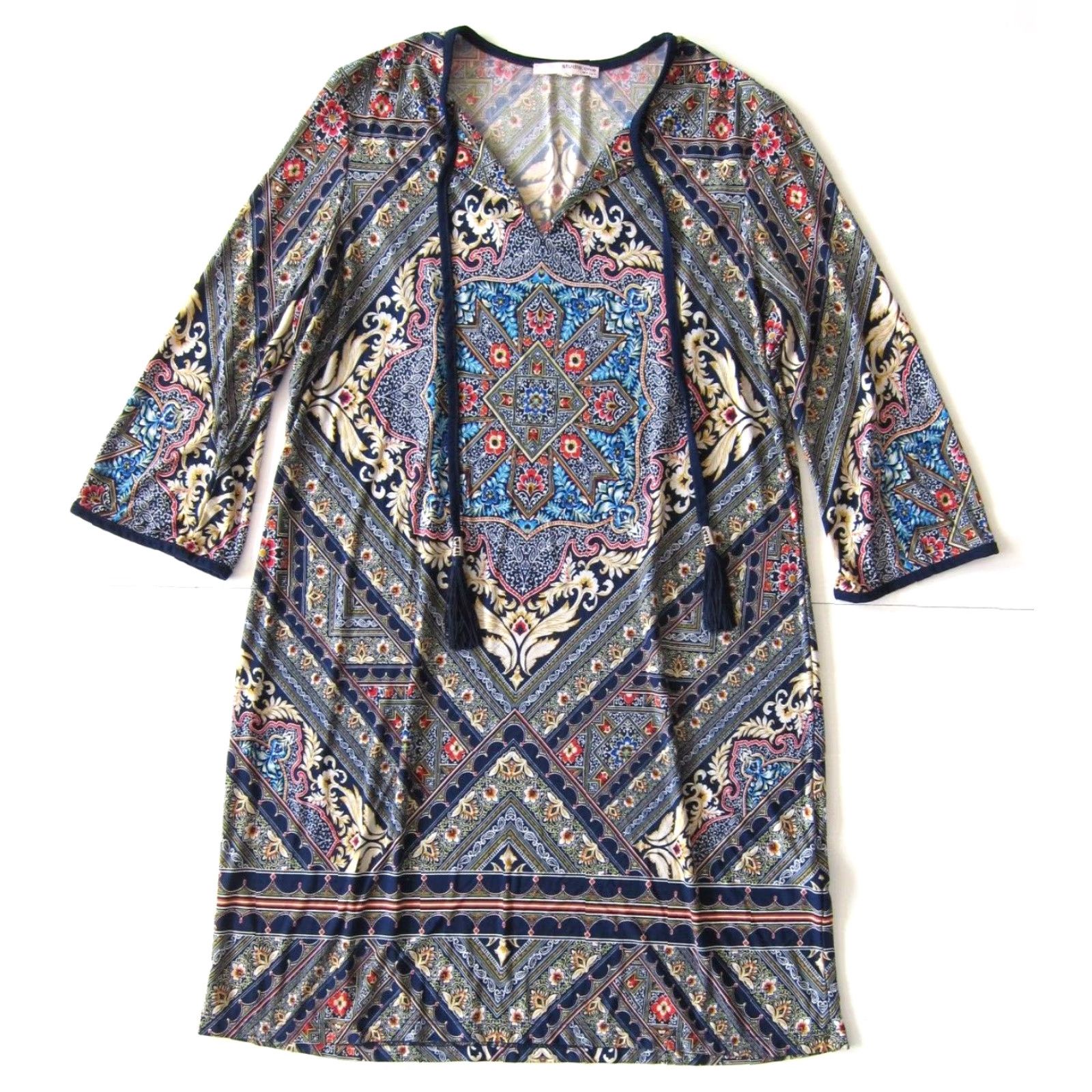 Vintage VINTAGE Studio One New York Blue Floral Paisley Long Sleeve Shift Tunic Dress Petite L Size L / US 10 / IT 46 - 2 Thumbnail