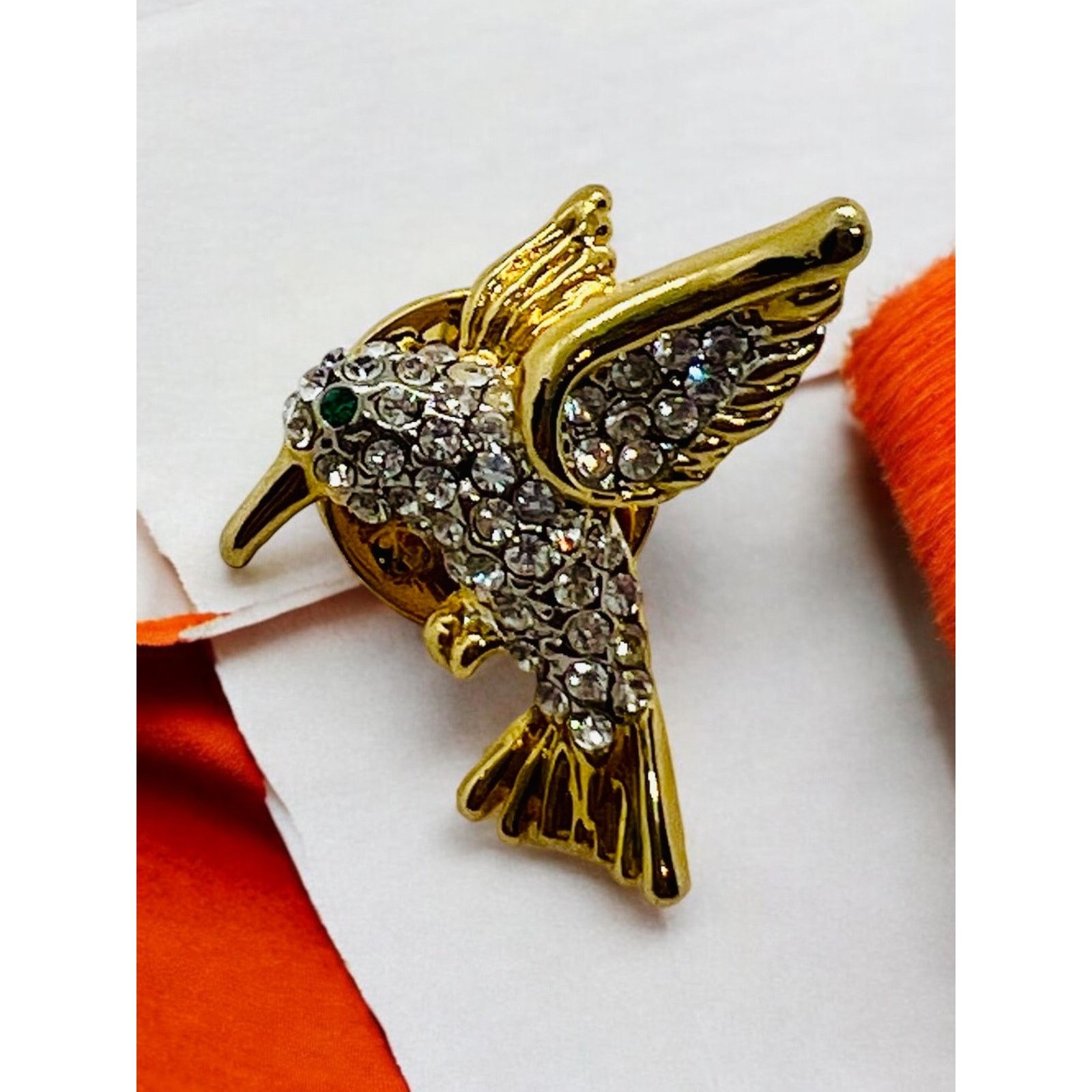 Vintage Hummingbird Pin-Crystals-Green Eye-Gold Tone-Brooch-Tie Tact Size ONE SIZE - 1 Thumbnail