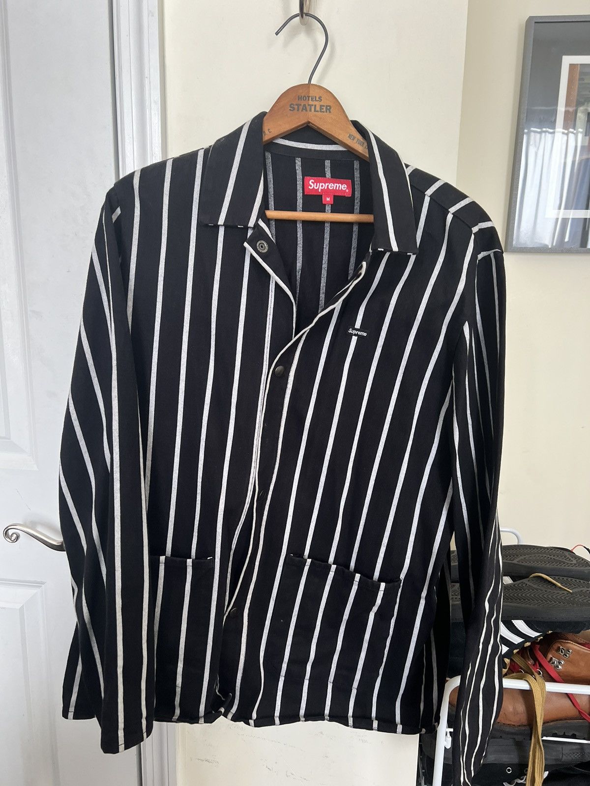 image of Supreme Black And White Stripe Twill Chore Coat / Jacket, Men's (Size Medium)