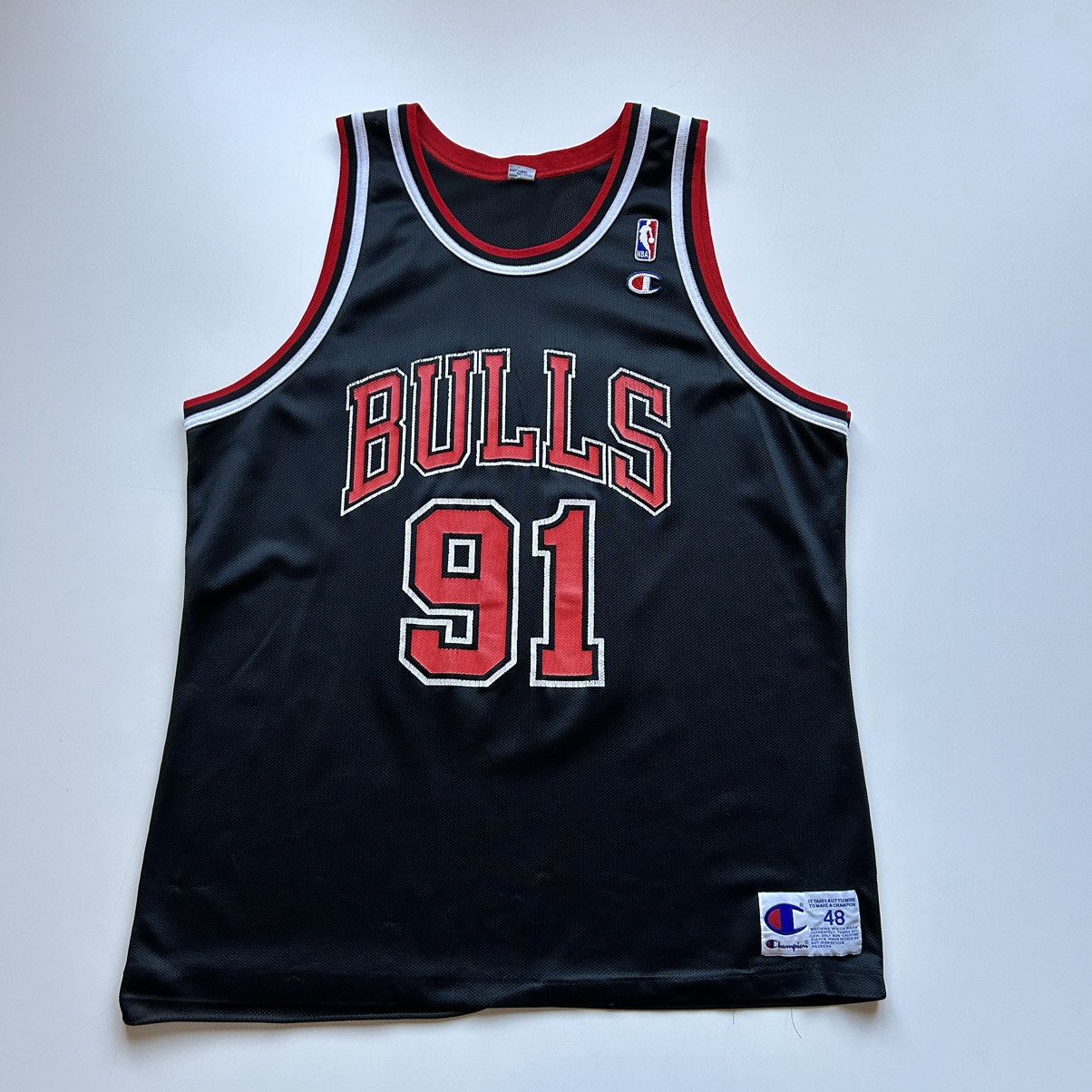 image of Vintage 90's Chicago Bulls Rodman 91 Champion Nba Jersey XL in Black, Men's