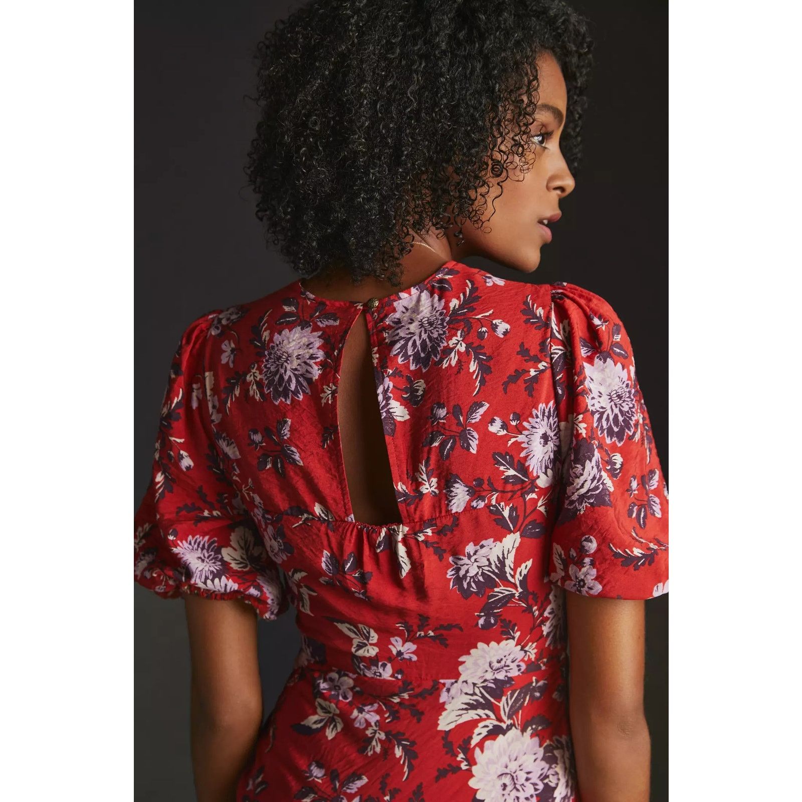 Anthropologie New Maeve Puff-Sleeve Floral Midi Dress $160 Sz 6 Red Size M / US 6-8 / IT 42-44 - 3 Thumbnail
