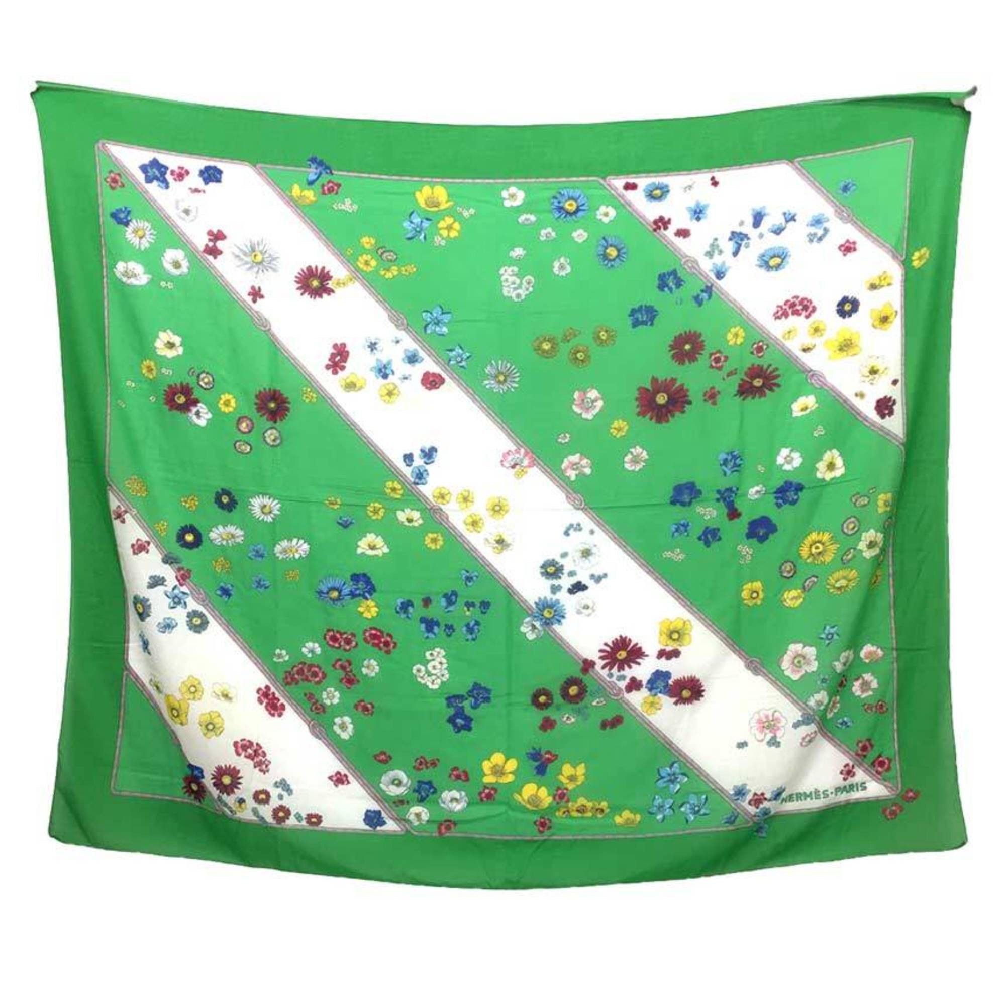 image of Hermes Scarf Stole Shawl Pareo Flower Large Long 100% Cotton Green Bedspread Sofa Cover Multicover 