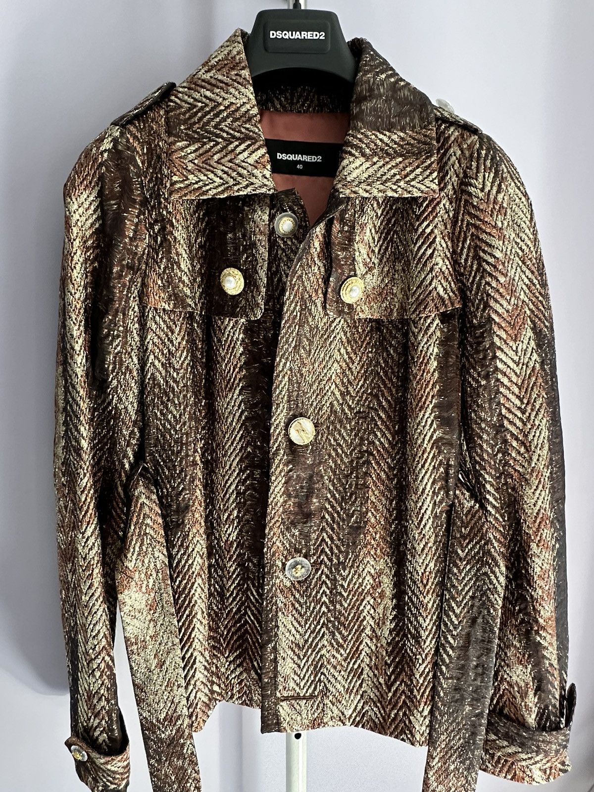 Designer × Dsquared2 Dsquared2 Women's Silk Goldish Belted Light Button Up Jacket Size S / US 4 / IT 40 - 1 Thumbnail