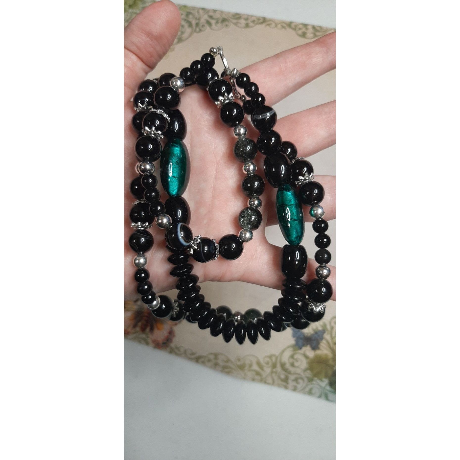 Other Multi-Strand Black Beaded Necklace With Green Accents & Silv Size ONE SIZE - 2 Thumbnail