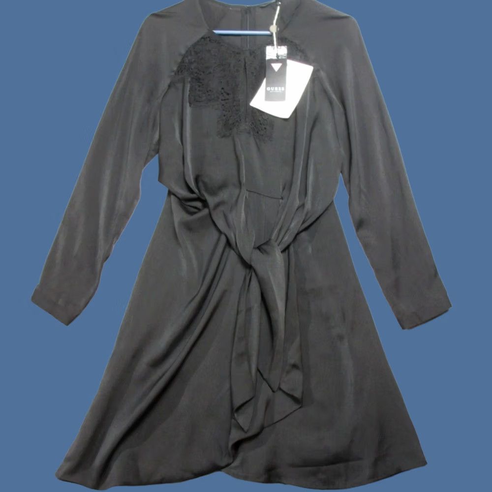 Guess GUESS Dress Womens XS Black Fit & Flare Tie Waist Draped Front Long Sleeve Size XS / US 0-2 / IT 36-38 - 1 Thumbnail