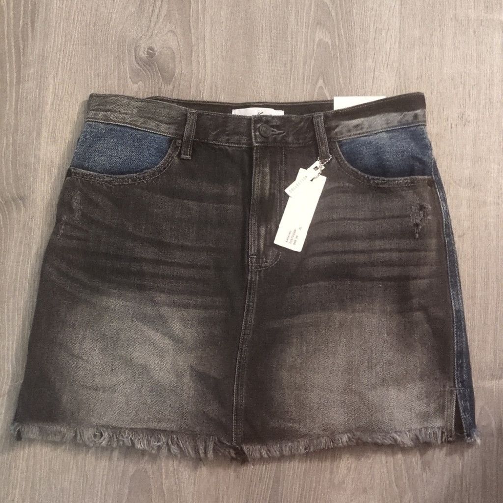Kancan USA Kancan Collection Black Blue Distress Fringe Denim Skirt XL Size 34" / US 12 / IT 48 - 2 Thumbnail