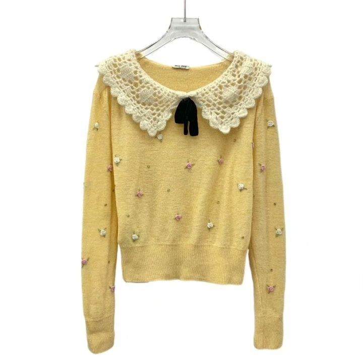 Miu Miu Miu Miu Yellow Diamond-Embroidered Wool Sweater Size S / US 4 / IT 40 - 1 Thumbnail