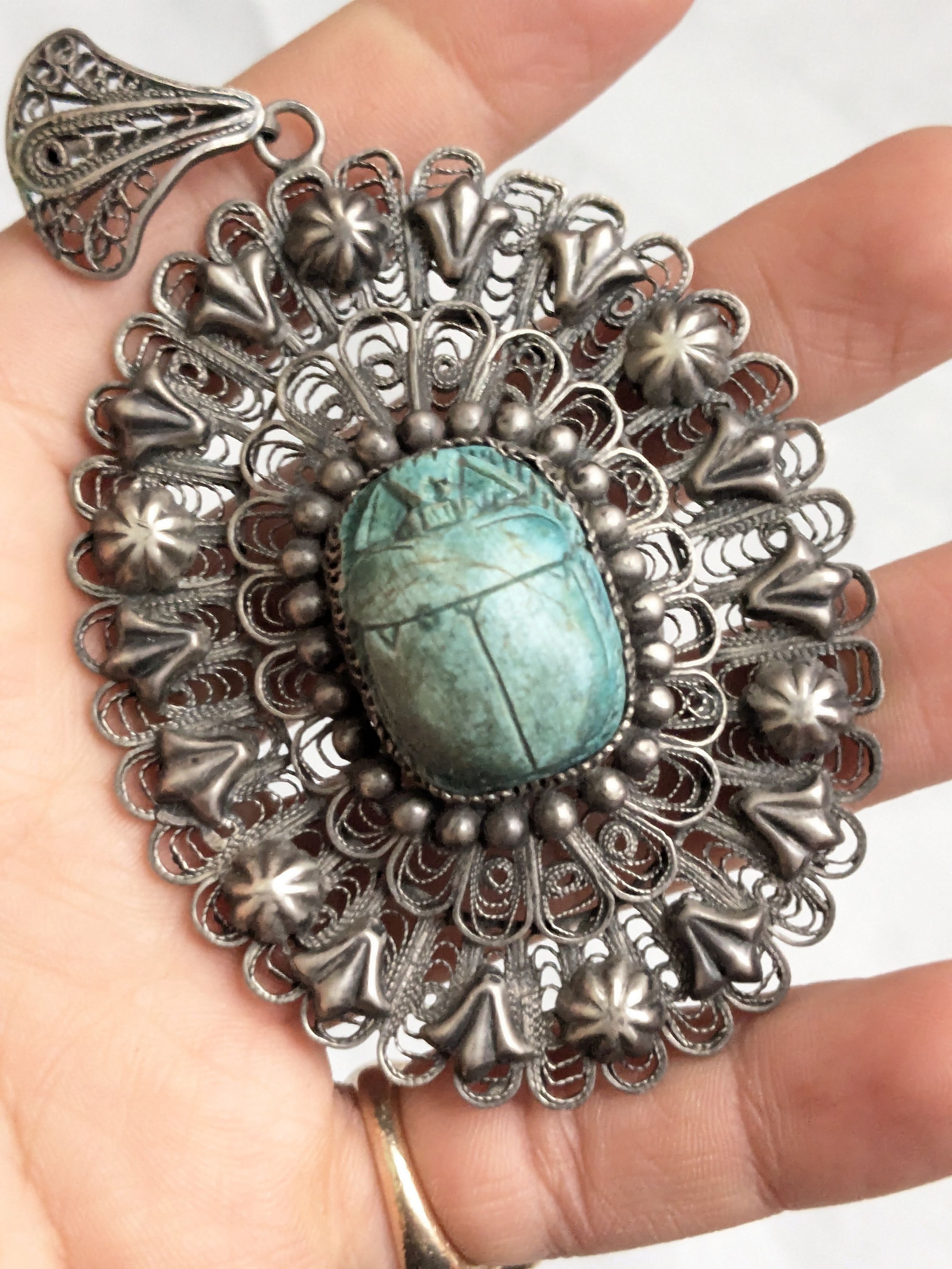 Jewelry Egyptian Silver Scarab Pendant Filigree Faience Blue Oval Size ONE SIZE - 16 Thumbnail