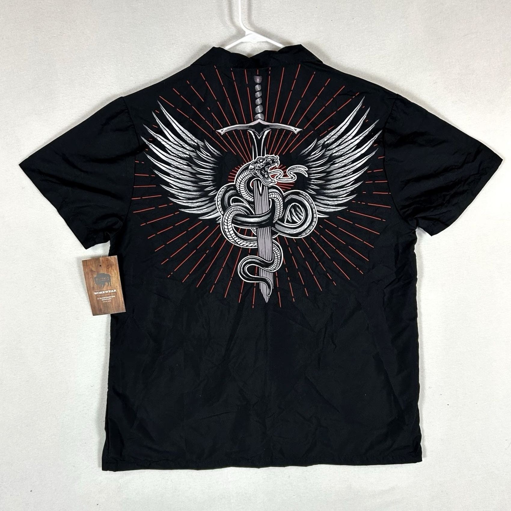 Vintage Buffalo Outdoors Workwear Button Up Shirt Mens L Black Graphic Print NWT Short Sleeve Button-Down Collared Shirt Size US L / EU 52-54 / 3 - 7 Thumbnail