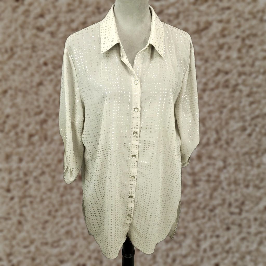 Vintage Chicos Blouse Shirt Womens XL Button Up Geometric Silver Gray Sequin Lightweight Sheer Classic/Fitted Sleeve Button Size XL / US 12-14 / IT 48-50 - 1 Thumbnail
