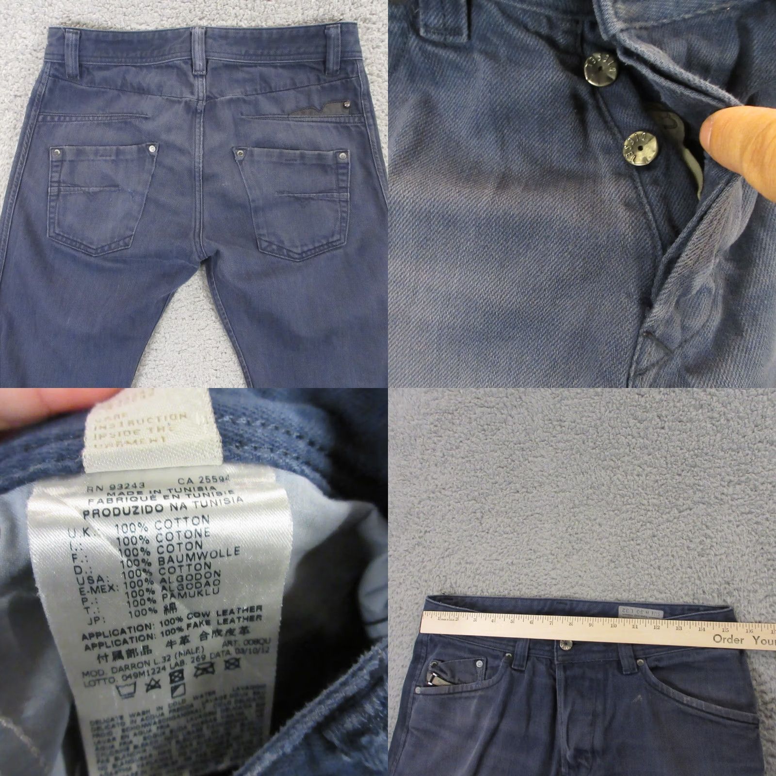 Diesel Diesel Darron Jeans Slim Tapered Regular 30x28 Blue Denim Mens 5-Pocket Belt Loops Inseam 28" Hemmed Dark Wash Denim Jeans Size US 30 / EU 46 - 8 Thumbnail