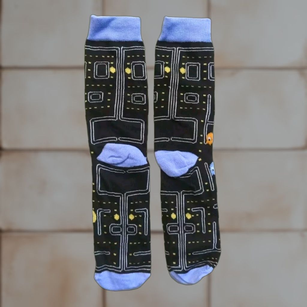 Vintage VINTAGE Pac Man Black Lavender Toe Box Cotton Blend One Size PAC-MAN Blue Socks Geometric Pac-Man 80s Novelty Men Full Toe Mid Calf All Seasons Size ONE SIZE - 1 Thumbnail