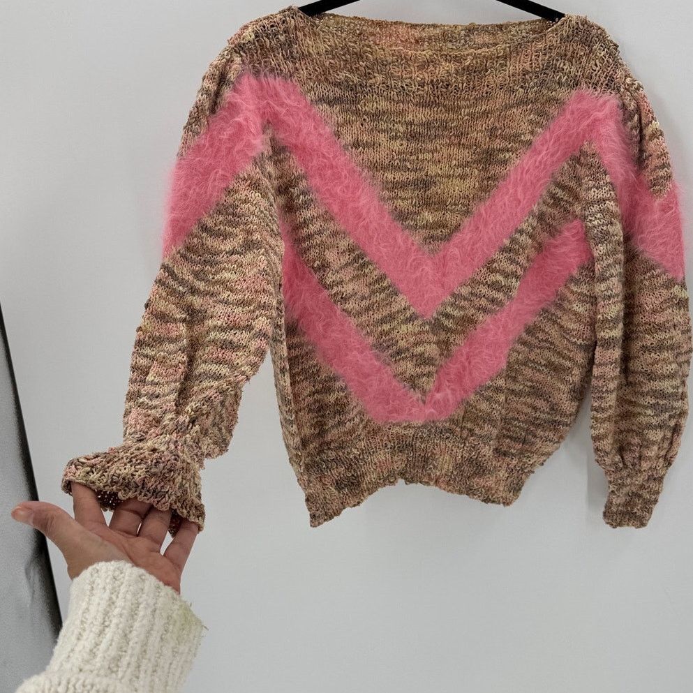 Handmade Vintage hand knit pink brown chevron sweater size S Size S / US 4 / IT 40 - 3 Thumbnail