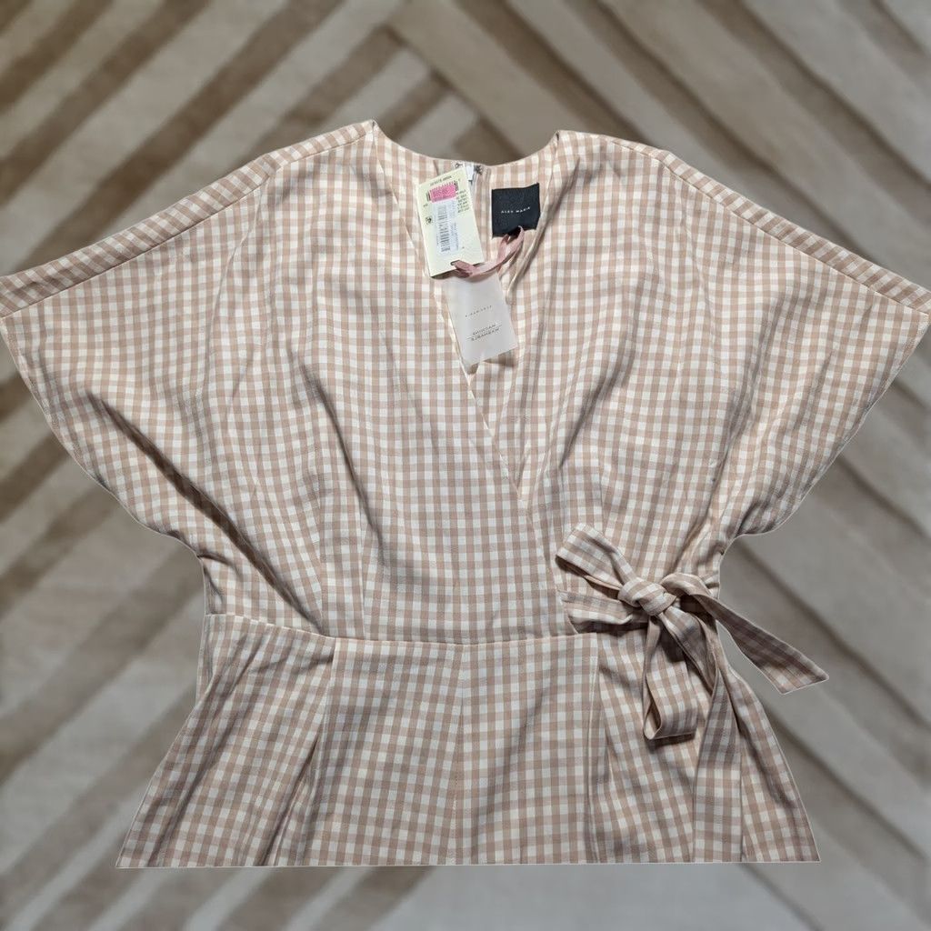 Vintage Alex Marie Jumpsuit Gingham Wide-Leg Women 16 Beige Flutter Sleeve V-Neck Belted Tie Inseam 30in Short Sleeve Vintage? No Size 38" / US 16 / IT 52 - 1 Thumbnail