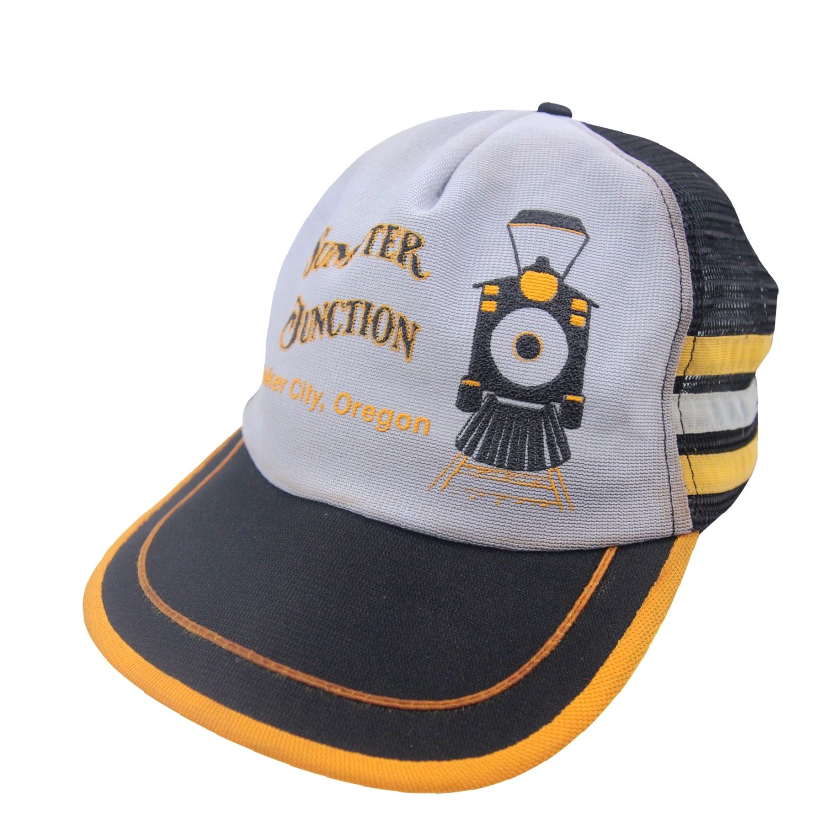 Vintage VINTAGE Trucker Hat 3 Stripe Tri Bar Sumpter Junction Train Station Gray Yellow Adjustable Men Size ONE SIZE - 2 Thumbnail