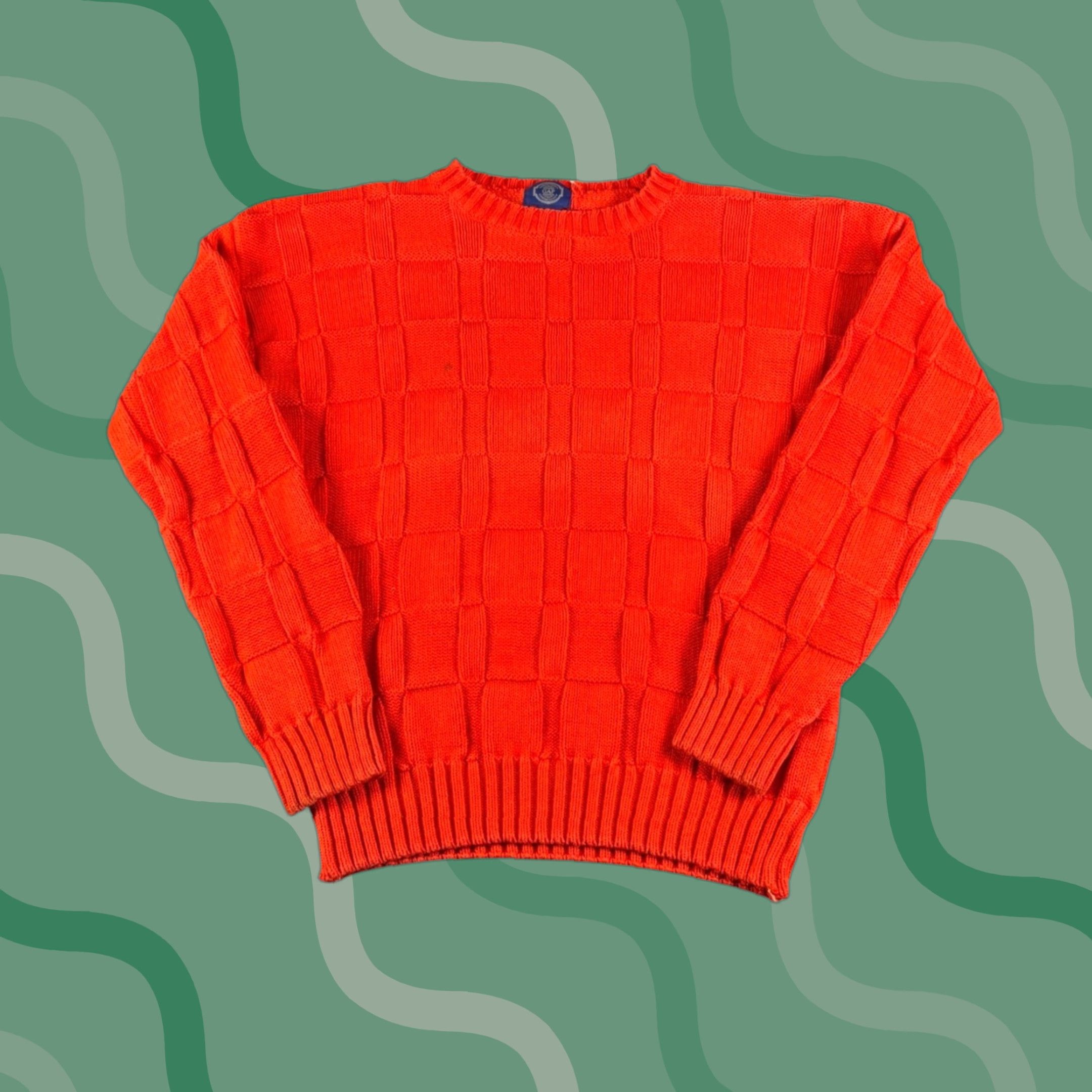 Gap GAP Men's Orange Checkerboard Knit Sweater XL Ramie Cotton Pullover Vintage Ramie Cotton Blend Crew Neck Waffle-Knit Geometric 90s Casual Mens Size US XL / EU 56 / 4 - 1 Thumbnail