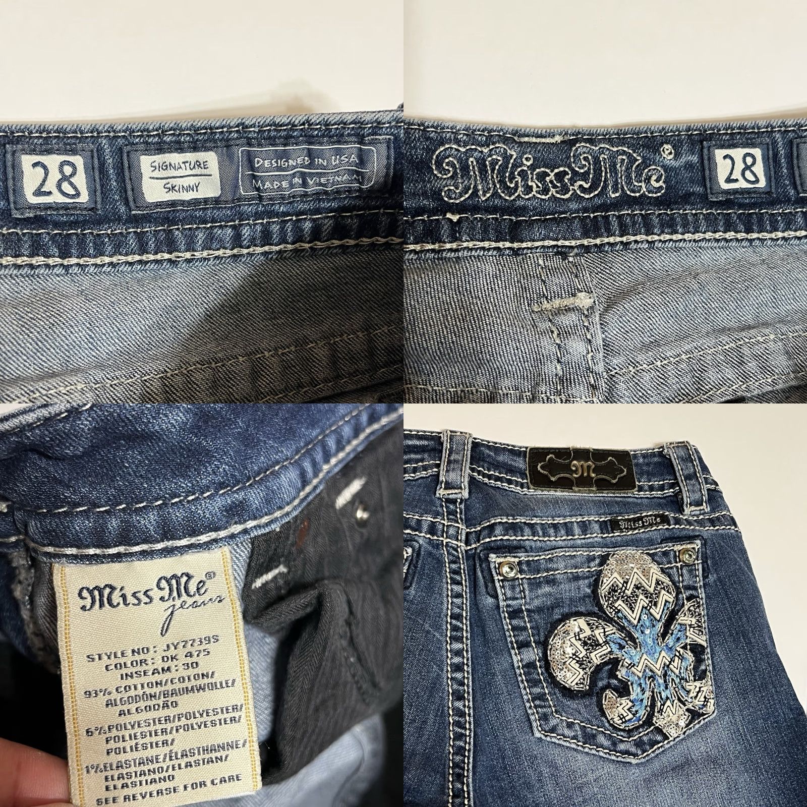 Miss Me Miss Me Signature Skinny Jeans Blue Denim 30 Inseam 29 Slim Low Rise Embroidered Rhinestone Pockets Women Jeans 30 Regular XS? Size 30" / US 8 / IT 44 - 8 Thumbnail