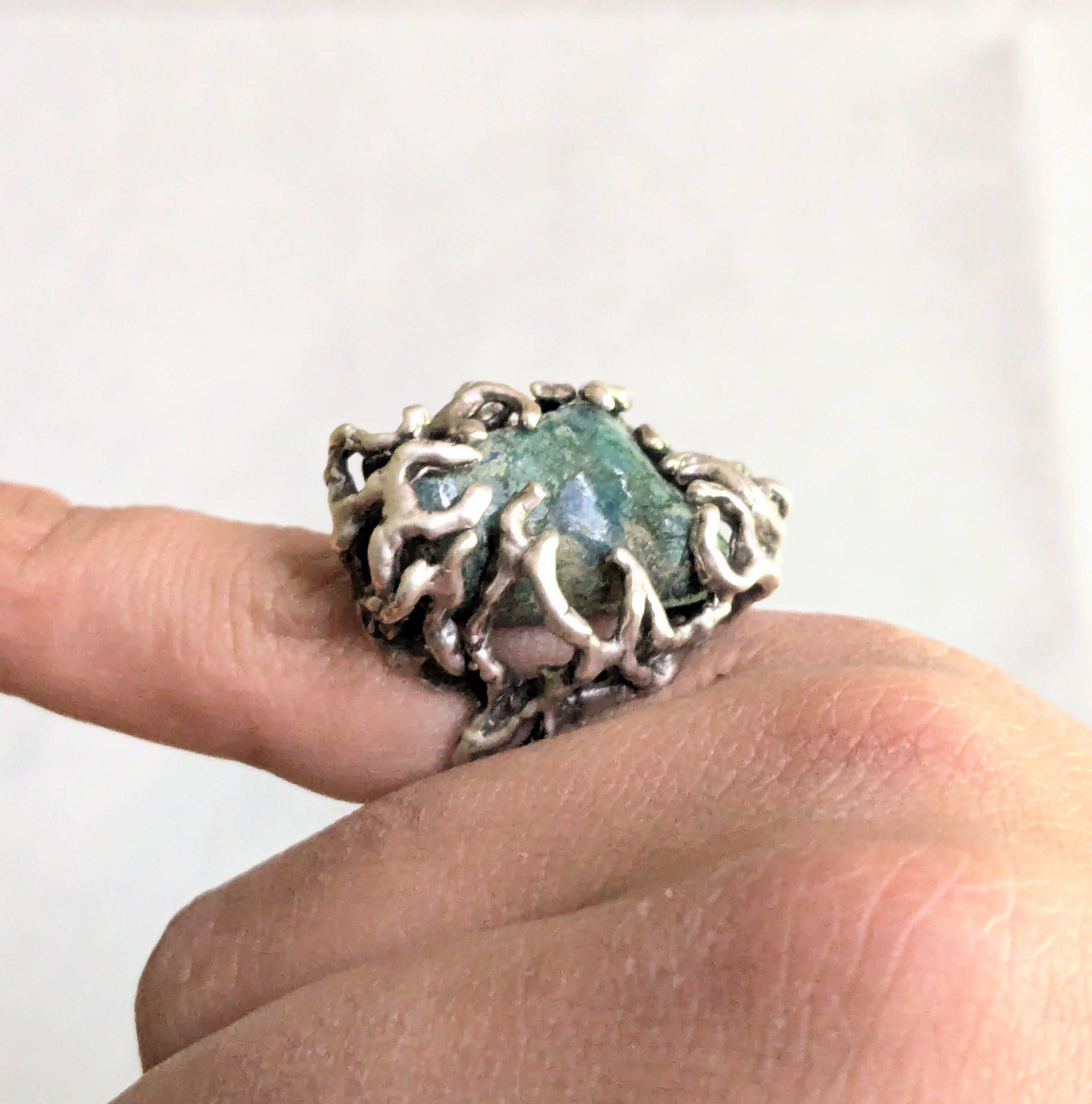 Jewelry Vintage Sterling Silver Ring Chrysocholla Brutalist 5.75 Size ONE SIZE - 14 Thumbnail