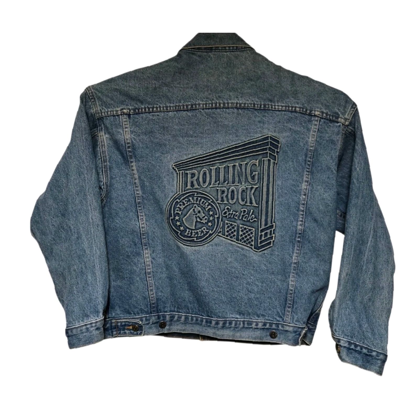Vintage Vtg Rolling Rock Beer Jacket Mens M Denim Jean Made in USA 1980s Jacket Size US 31 - 2 Thumbnail