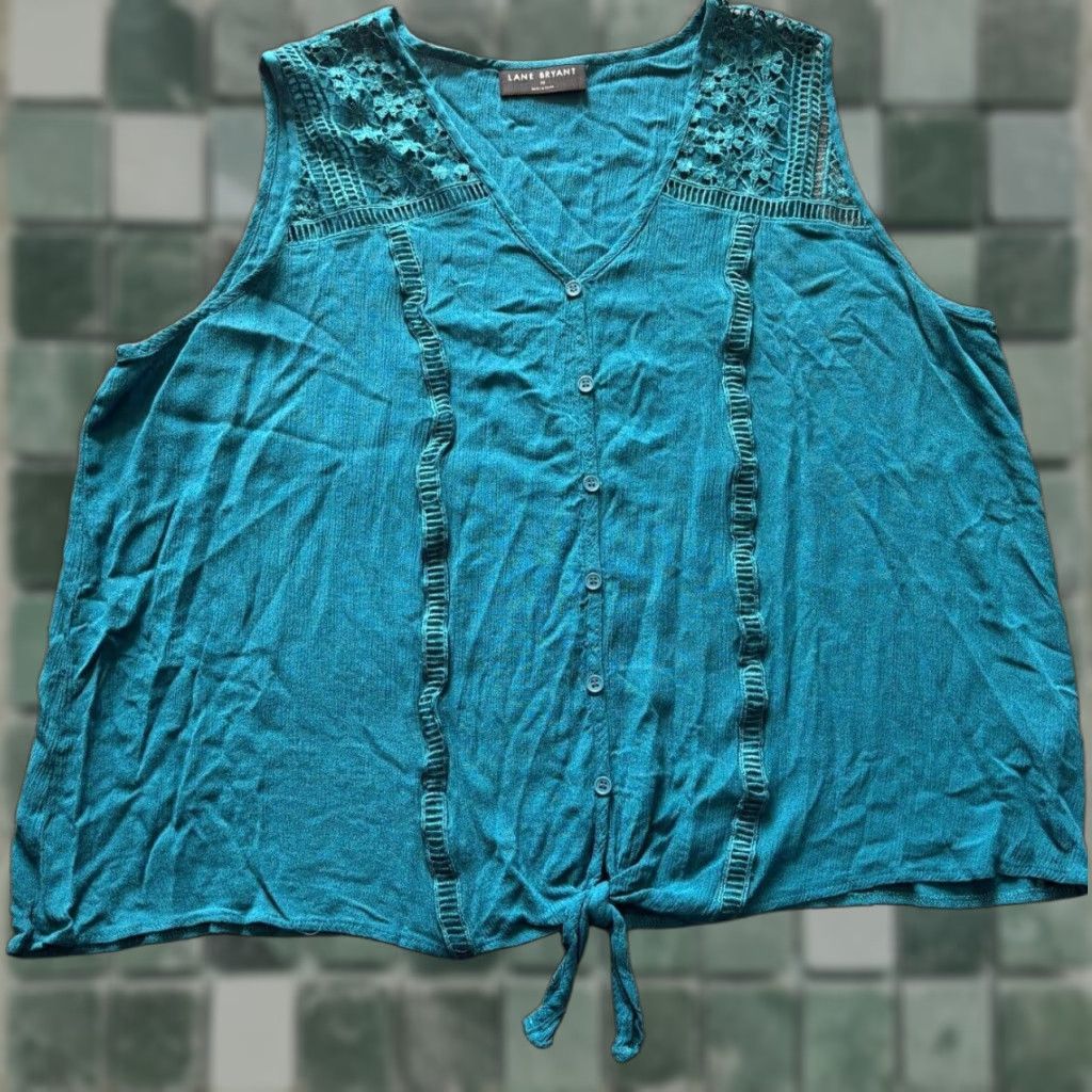 Vintage Lane Bryant Top Womens 22 Blue Lace Sleeveless Button-Up Knotted Shirt (Plus) Women, Casual, Basic, All Seasons, Regular Fit Size 3XL / US 20-22 - 1 Thumbnail