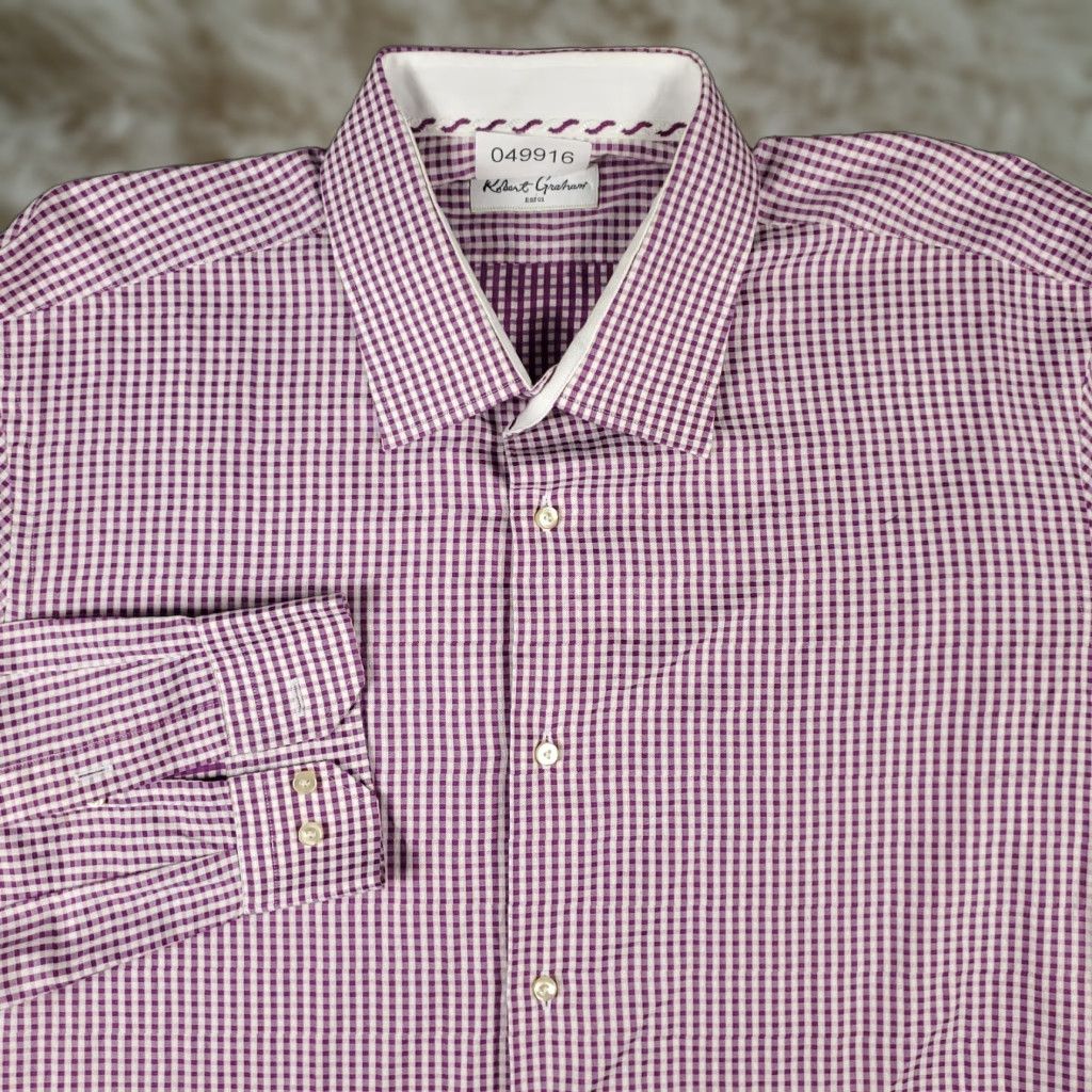 Robert Graham Robert Graham Shirt Mens Size 18 Purple Check Dress Button Up Long Sleeve Size 48R - 1 Thumbnail