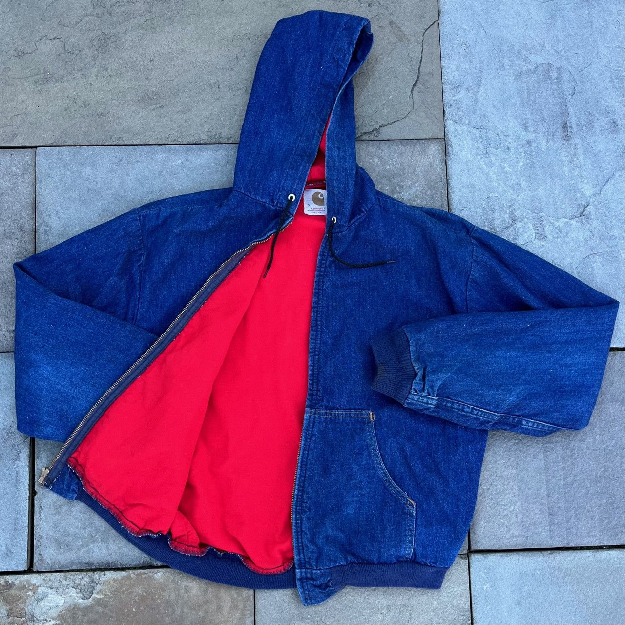 image of Vintage 70's Carhartt Denim Active Jacket, Red Lining in Blue, Men's (Size Small)