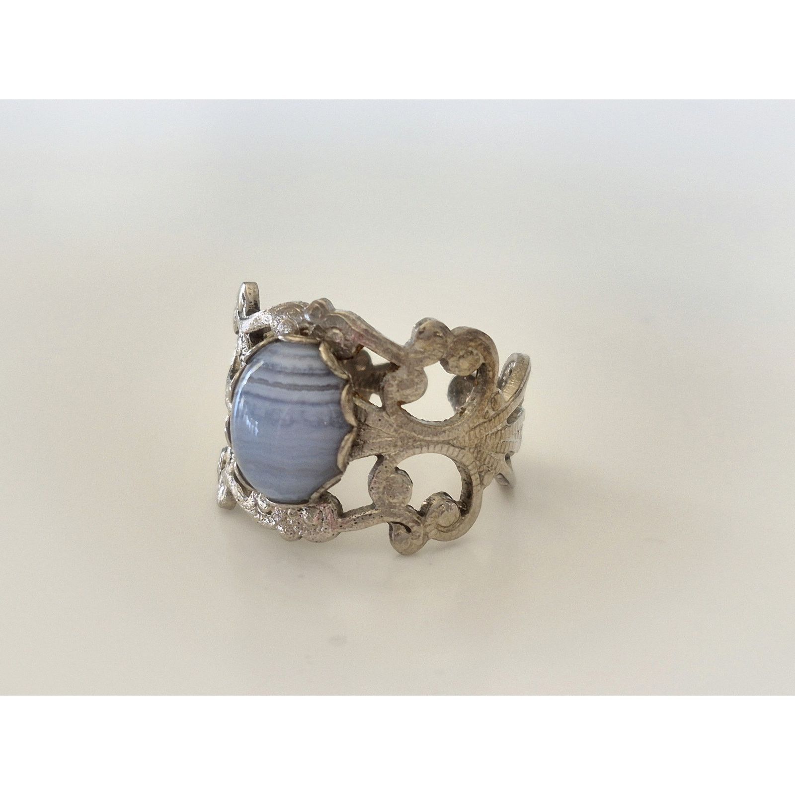 Other Vintage Blue Lace Agate Silver tone Filigree Ring Size ONE SIZE - 2 Thumbnail