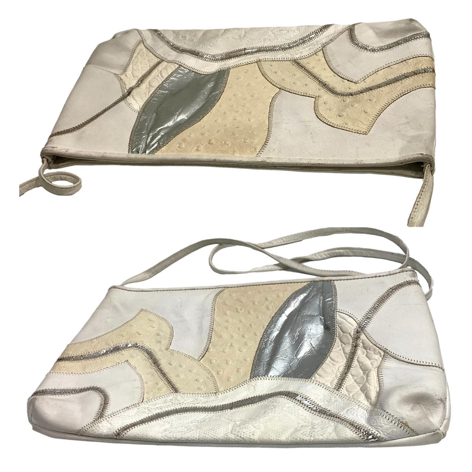 Genuine Leather × Vintage 80s White & Silver Leather Mixed Up Patchwork Shoulder Bag Size ONE SIZE - 8 Thumbnail