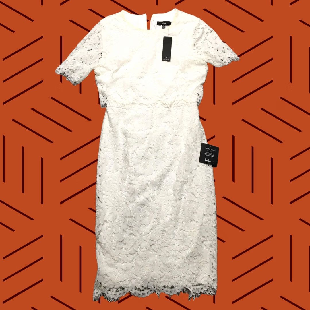 Lulus Lulus Dress Womens Small White Lace Sheath Midi Short Sleeve Wedding Party Size 28" / US 6 / IT 42 - 1 Thumbnail