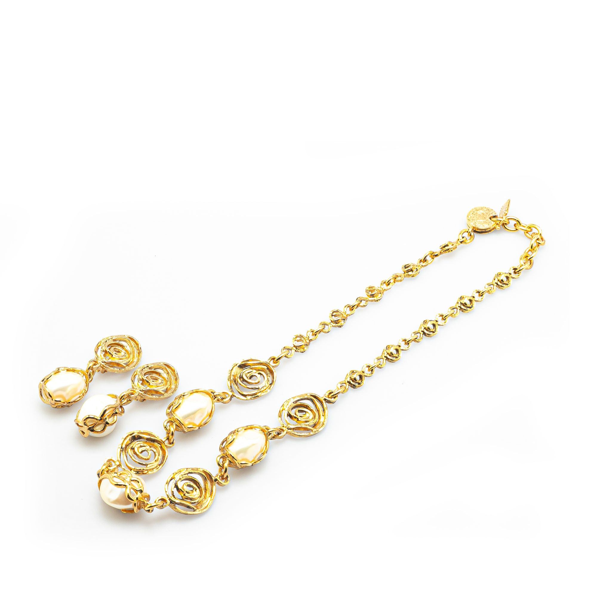 Yves Saint Laurent Yves Saint Laurent Gold Plated Faux Pearl Necklace and Earrings Set Gold Size ONE SIZE - 1 Thumbnail