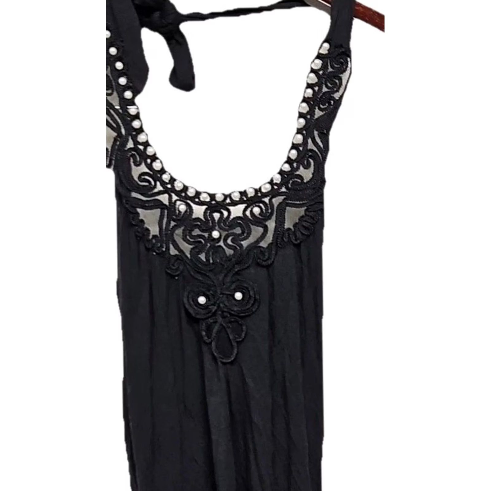 Vintage VINTAGE? No. Black Beaded Embroidered Sleeveless Tunic Top Y2K Boho Gothic Fairy Grunge Small Size S / US 4 / IT 40 - 3 Thumbnail